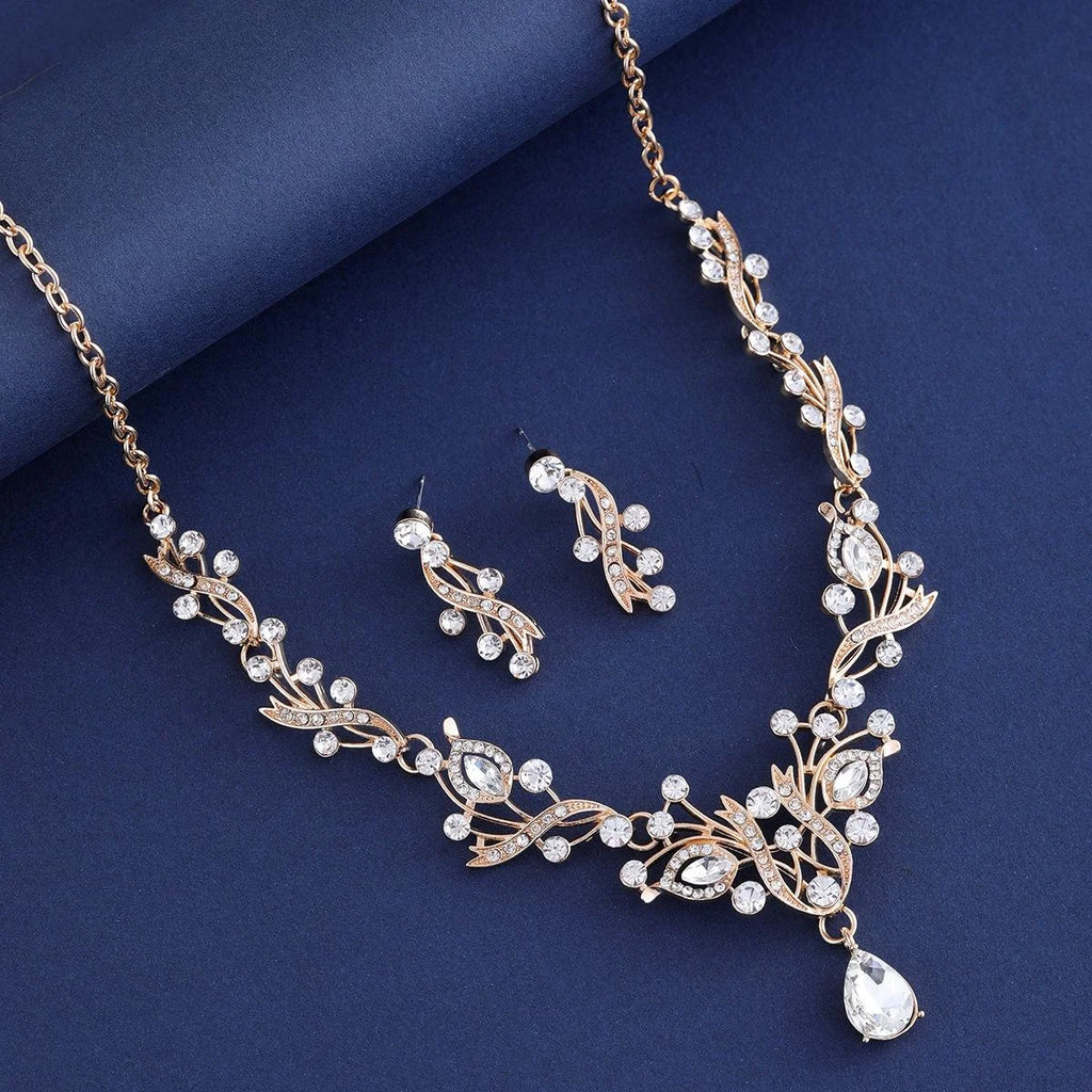 Luxury Bridal Rhinestone Crystal Necklace And Earrings Jewelry Set Elegant Wedding Banquet Party Jewelry Gift