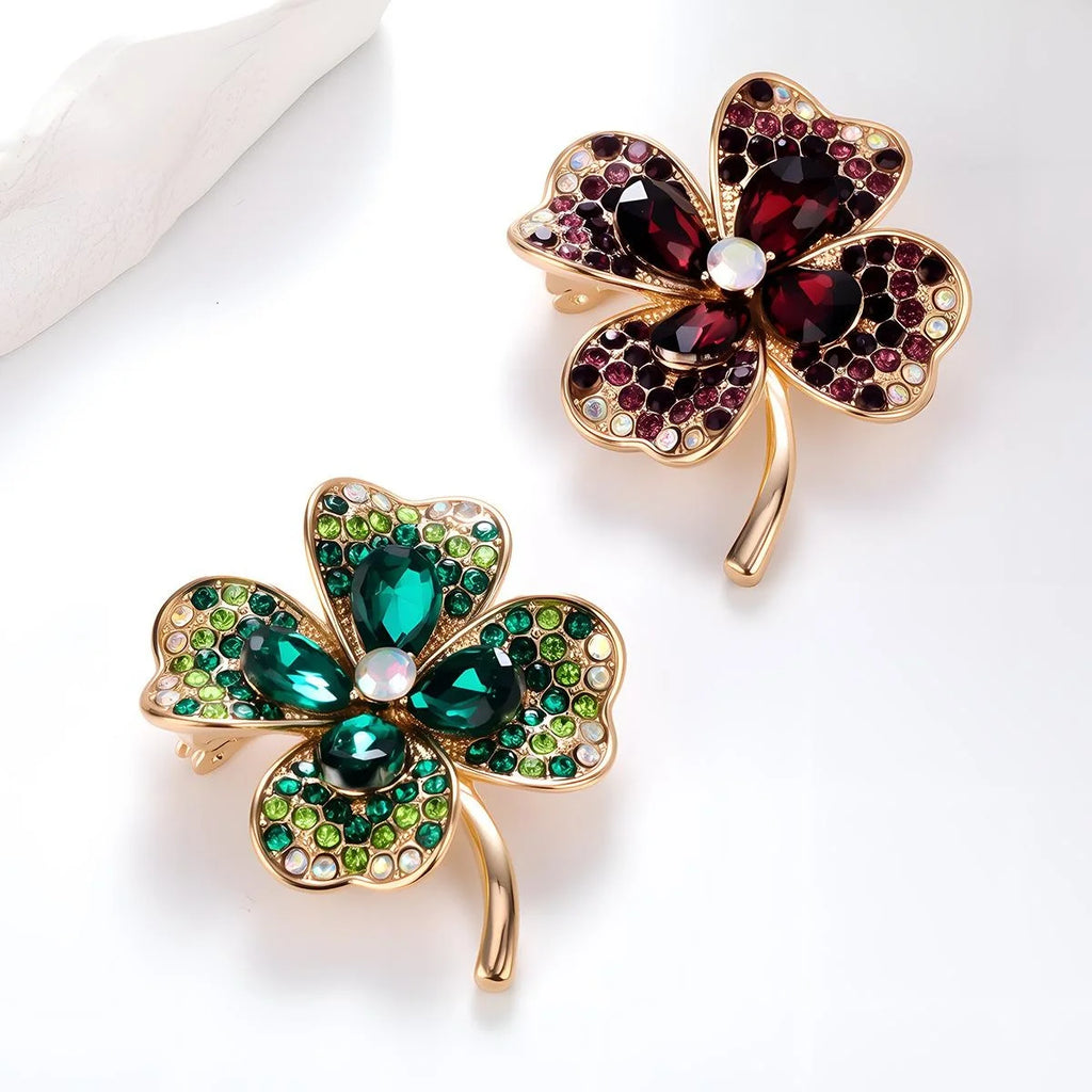 Luxury Green Rhinestone Four Leaf Clover Brooch, Gold Tone Alloy Lucky Lapel Pin Corsage Suit Accessory Gift