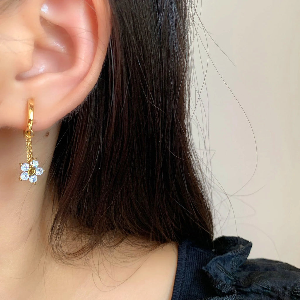 Elegant Zircon Flower Chain Tassel Hoop Ear Cuff Stud & Clip On No Piercing Gold Alloy Earrings