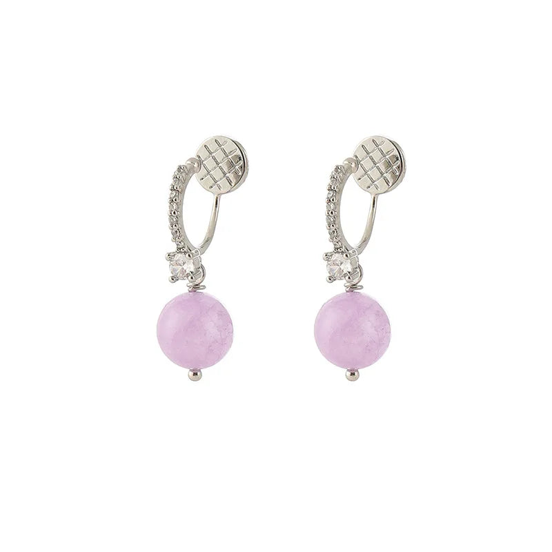 Elegant Purple Amethyst Round Bead Drop Alloy Zircon Stud & Clip On No Piercing Dangle Earrings