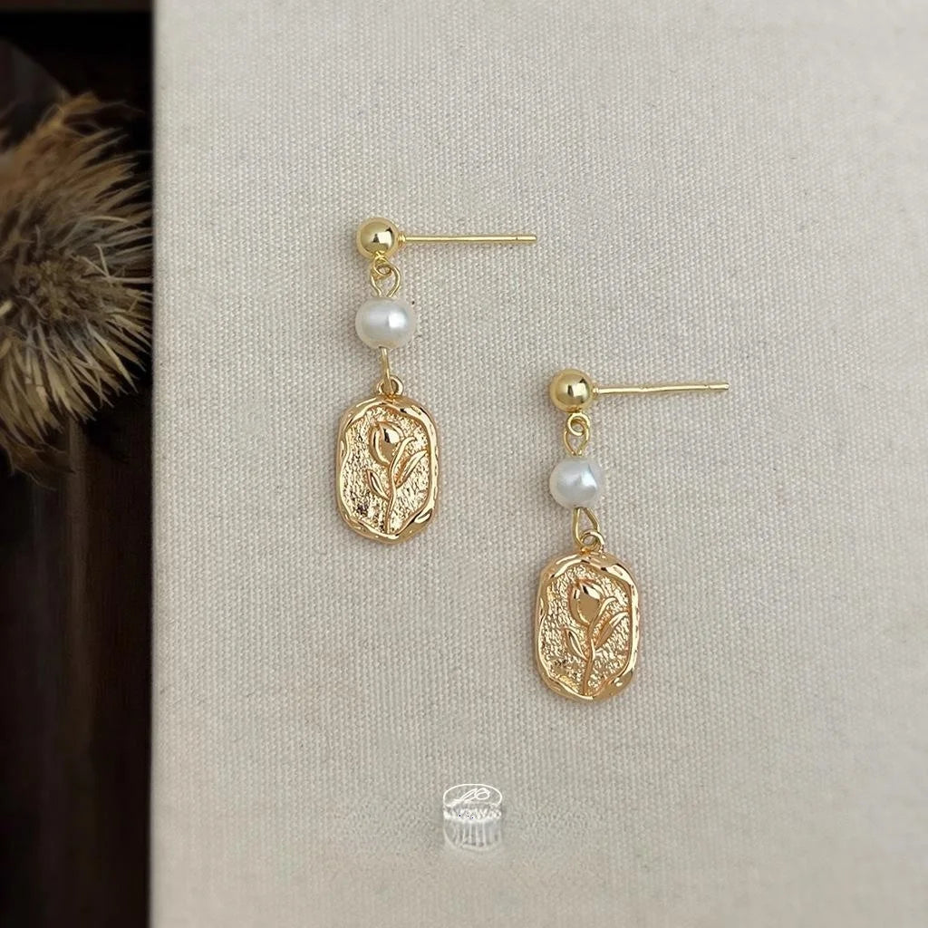 Natural Freshwater Pearl Tulip Flower Drop Earrings Vintage Rose Floral Jewelry