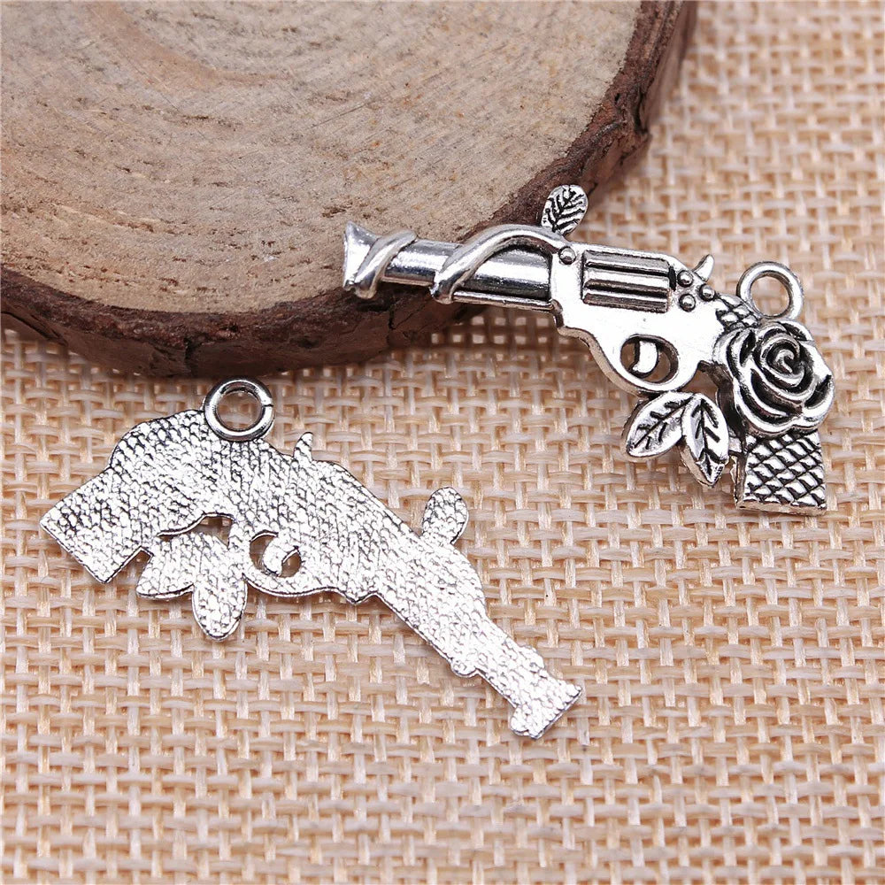31x19mm 2.1g Antique Silver Zinc Alloy Flower Pistol Charm Pendant for DIY Necklace Jewelry Making