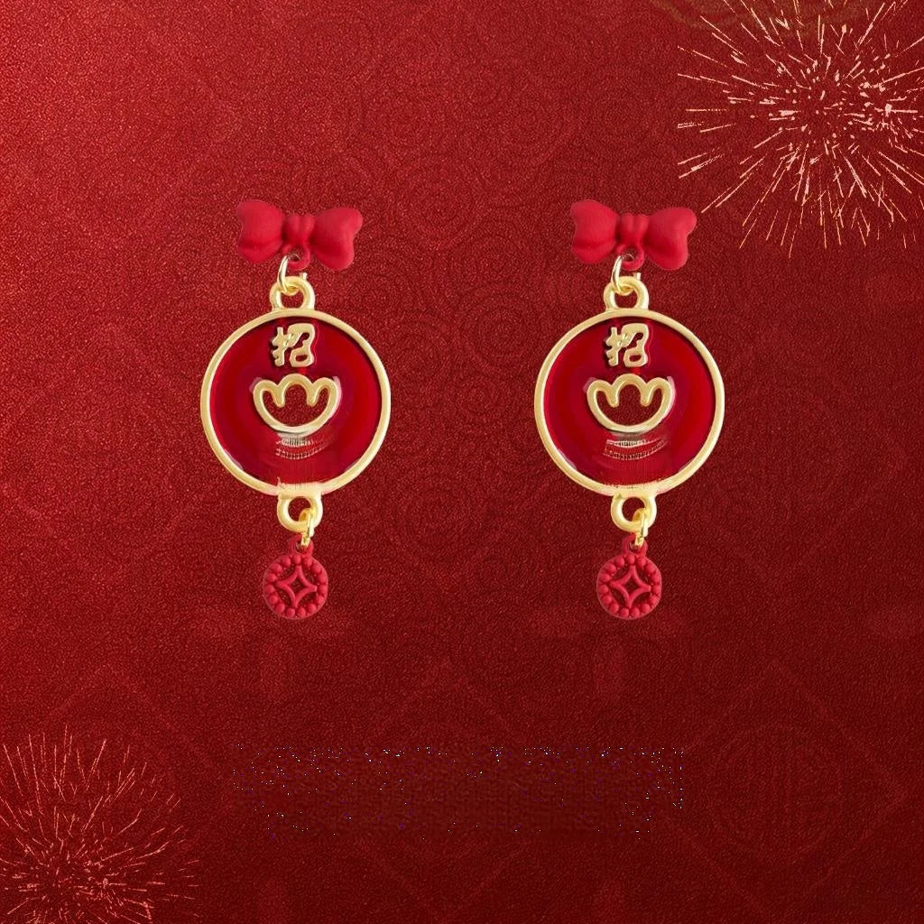 Year Of Horse Chinese Style Red Enamel Copper Ingot Bow Geometric Drop Earrings