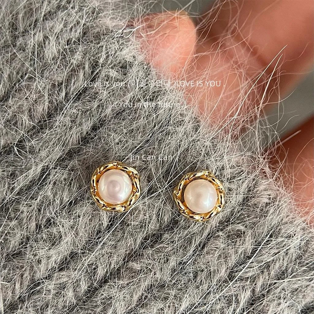Minimalist Freshwater Pearl Stud Earrings 14K Plated Copper Geometric Light Luxury Jewelry