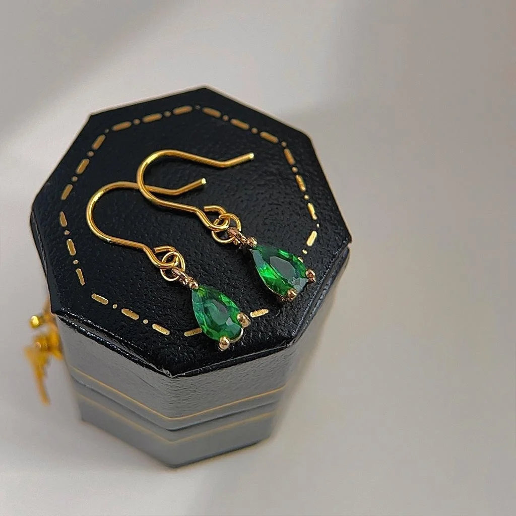 14K Gold Plated Copper Vintage Emerald Zircon Geometric Teardrop Drop Earrings For Women