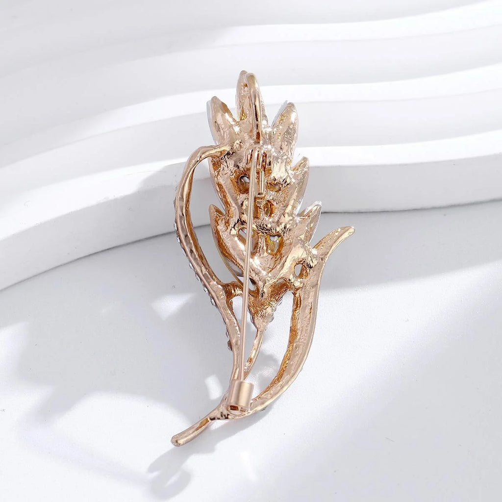 Elegant Wheat Ear Brooch With Yellow Rhinestone Crystals, Gold Tone Alloy Lapel Pin Corsage Suit Accessory