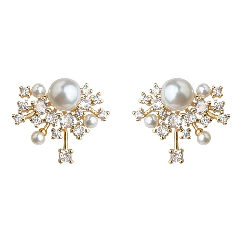 Premium Micro Pave Zircon Pearl Star Firework Stud Earrings With Silver Plated Pins