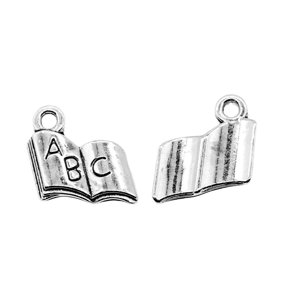 11x11mm 0.6g Antique Silver Zinc Alloy ABC Textbook Charm Pendant for DIY School Theme Jewelry Making