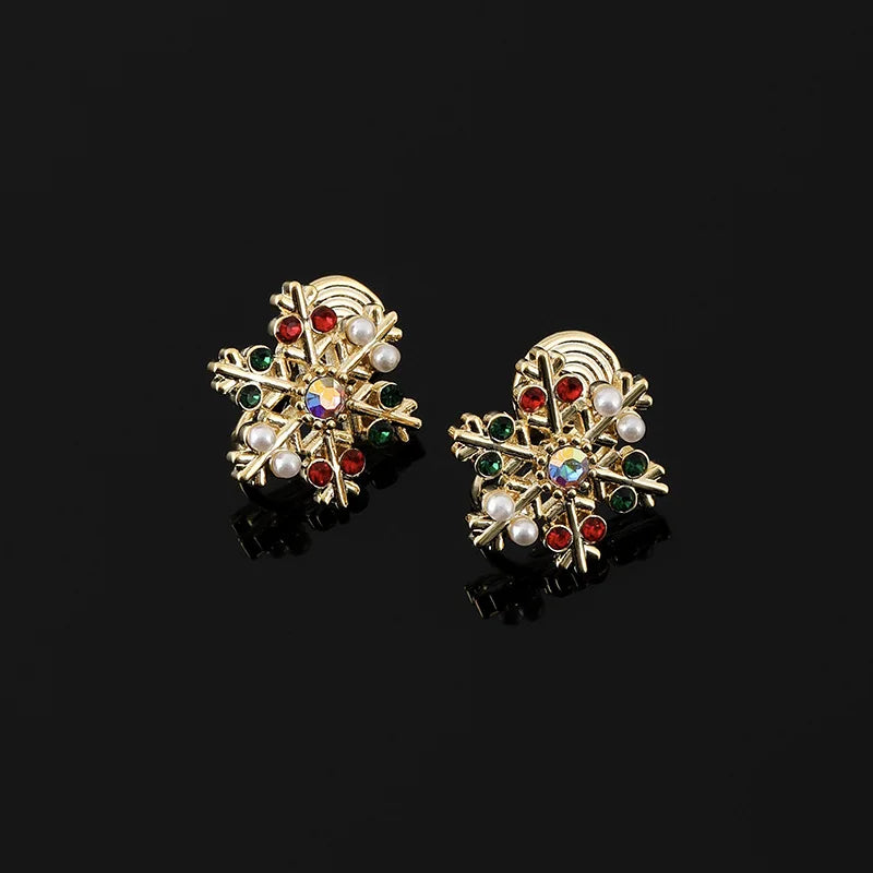 Elegant Christmas Snowflake Alloy Rhinestone Pearl Stud & Clip On No Piercing Holiday Earrings