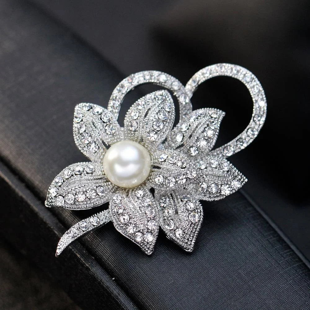 Elegant Rhinestone Pearl Flower Alloy Brooch For Women, Luxury Lapel Pin Corsage Suit Accessory Gift
