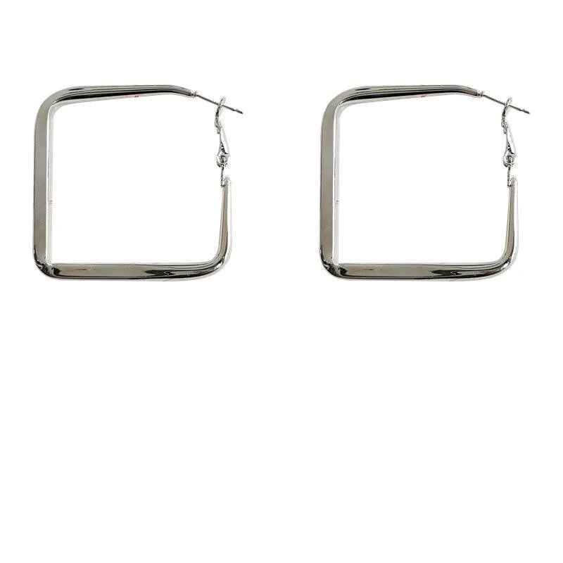 Exaggerated Silver Plated Copper Square Hollow Hoop Earrings For Women Trendy Geometric Jewelry