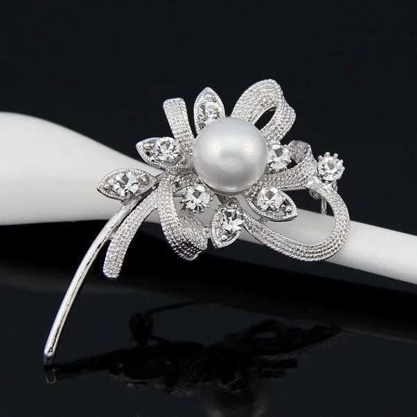 Elegant Bridal Flower Alloy Brooch With Pearl Rhinestone Zircon, Wedding Corsage Lapel Pin Suit Accessory