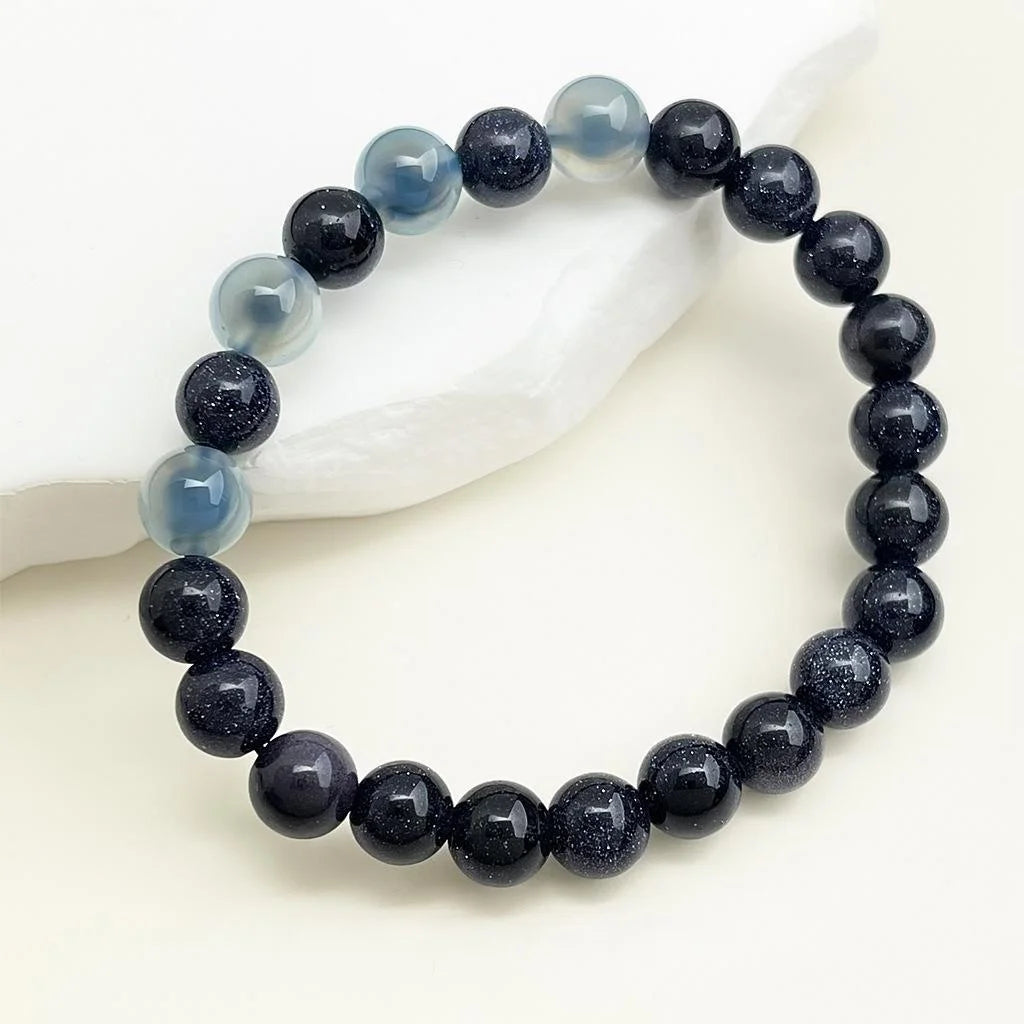 Blue Sandstone Agate Crystal Beaded Bracelet Retro New Chinese Geometric Womens Jewelry