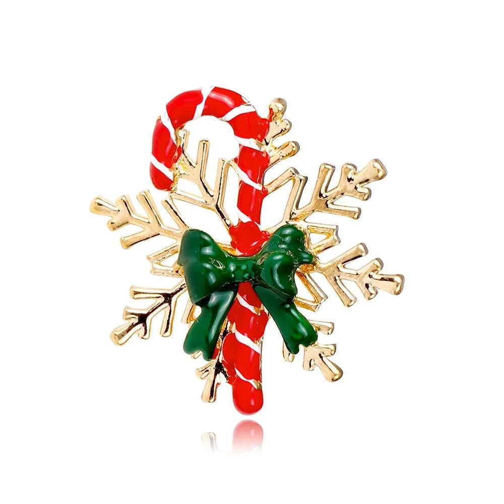 Cute Christmas Candy Cane Snowflake Bow Enamel Alloy Brooch, Festive Lapel Pin Corsage Gift