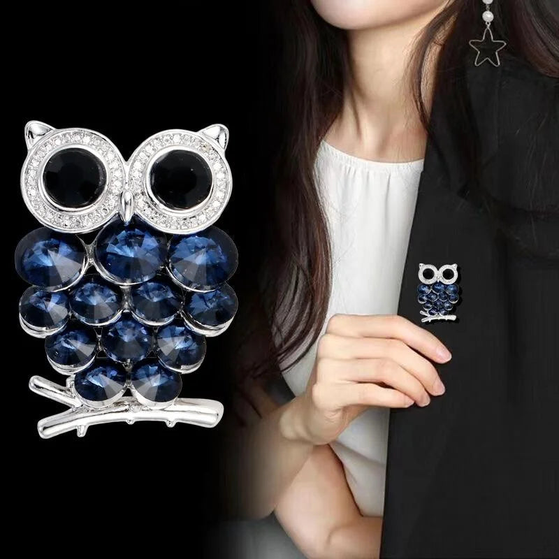 Cute Luxury Owl Rhinestone Brooch With Blue Crystal Body, Vintage Alloy Lapel Pin Suit Accessory Gift