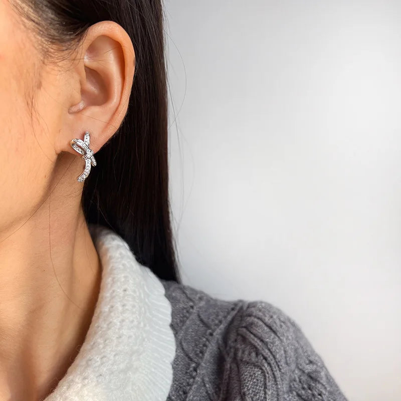 Elegant Micro Paved Zircon Bowknot Coil Stud & Clip On No Piercing Luxury Alloy Earrings