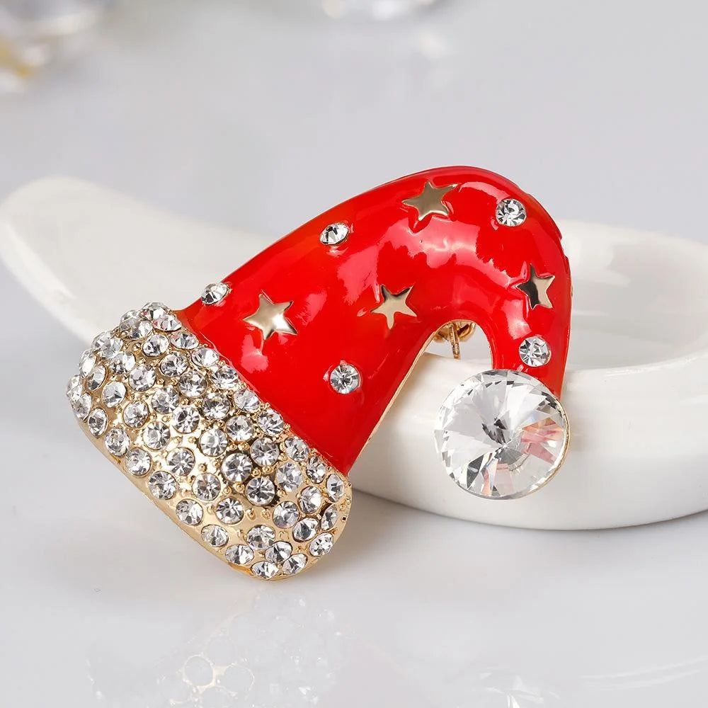 Cute Red Enamel Christmas Santa Hat Brooch With Rhinestone Stars, Alloy Lapel Pin Corsage Gift