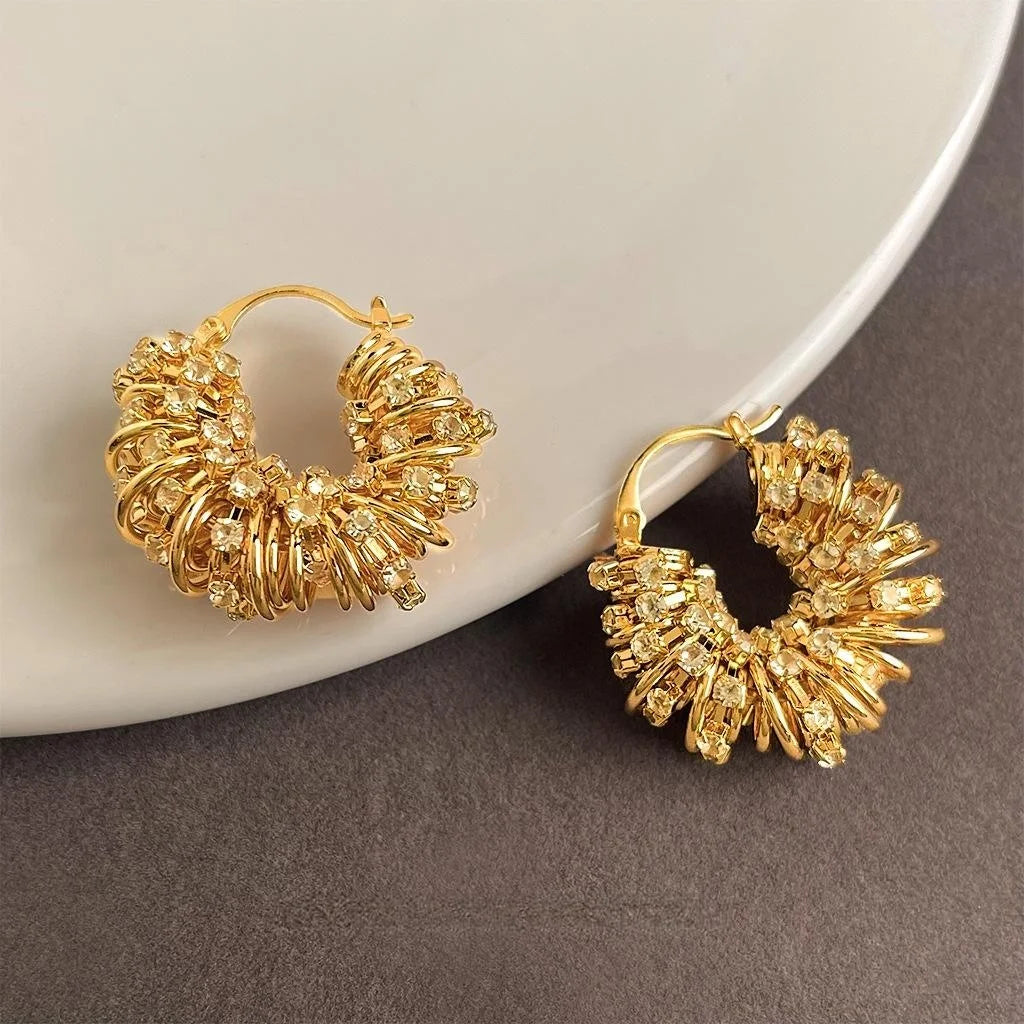 14K Gold Plated Copper Pave Round Geometric Line Drop Earrings for Elegant Office Wear