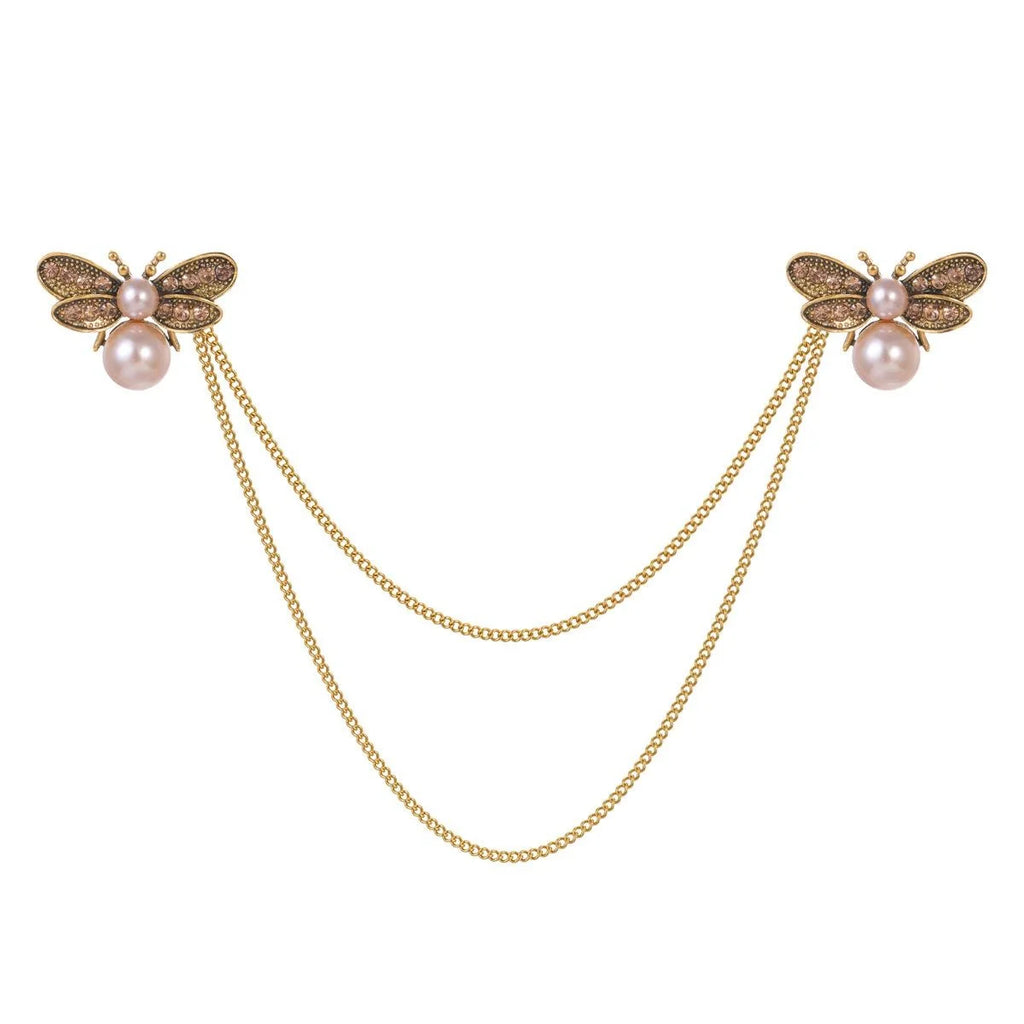 Elegant Rhinestone Pearl Bee Double Brooch With Draped Chain, Luxury Alloy Lapel Pin Corsage Suit Accessory Gift