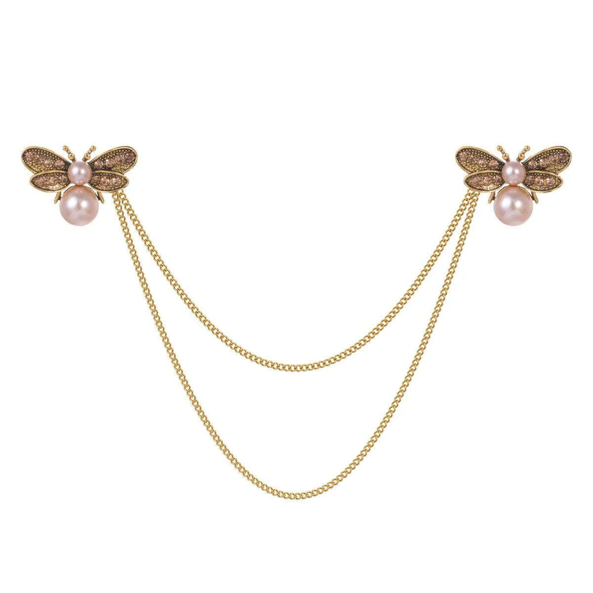 Elegant Rhinestone Pearl Bee Double Brooch With Draped Chain, Luxury Alloy Lapel Pin Corsage Suit Accessory Gift