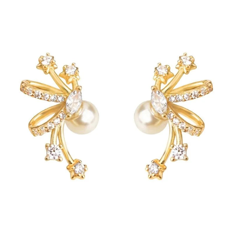Designer Micro Pave Zircon And Pearl Bow Star Geometric Copper Stud Earrings