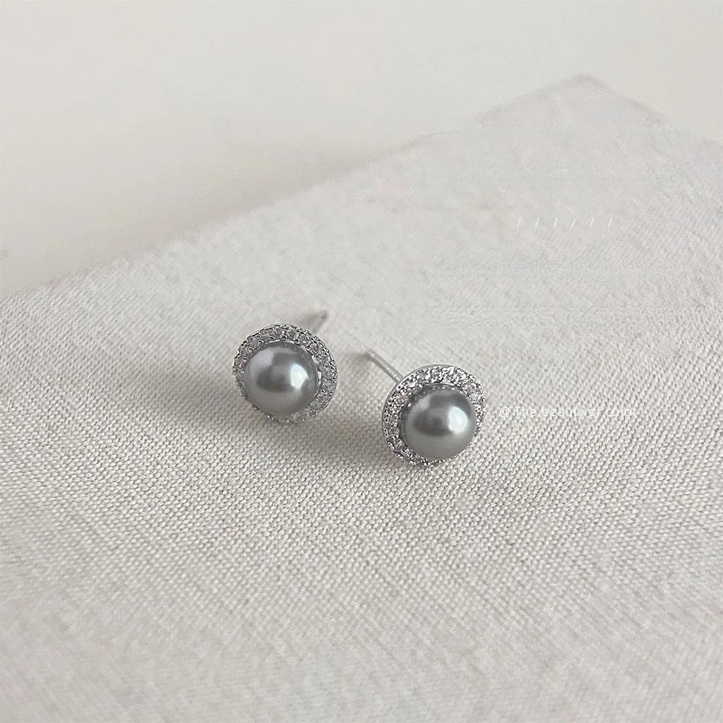Light Luxury Gray Glass Pearl Stud Earrings With Micro Pave Zircon Copper Round Jewelry