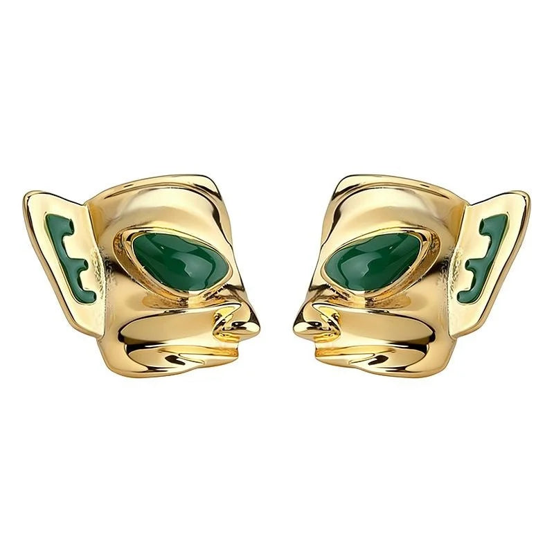 French Vintage Mask Copper Enamel Stud Earrings With Silver Plated Pins Niche Geometric Style