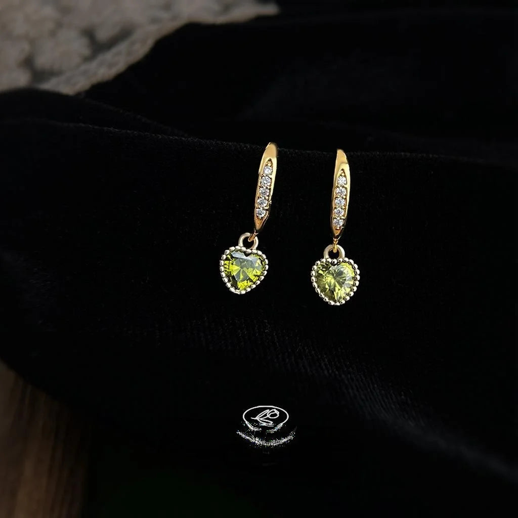 14K Gold Plated Olive Green Zircon Heart Drop Earrings, Light Luxury Minimalist Jewelry