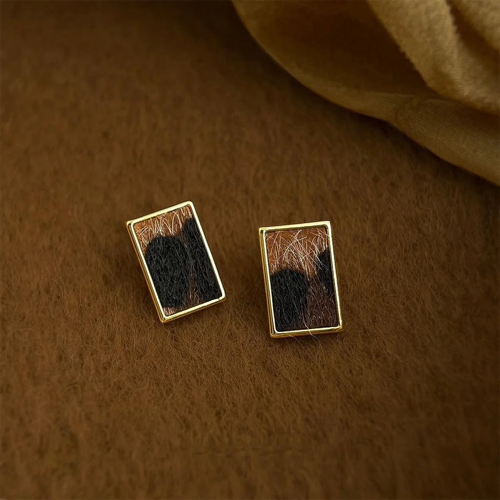 Maillard Leopard Print Flocked Geometric Rectangle Drop Earrings For Women