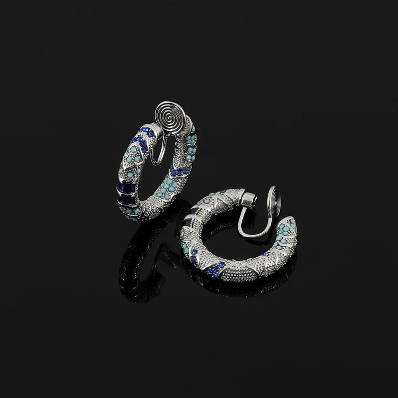 Vintage Blue Enamel Rhinestone Spiral Hoop Stud & Clip On No Piercing Luxury Statement Earrings
