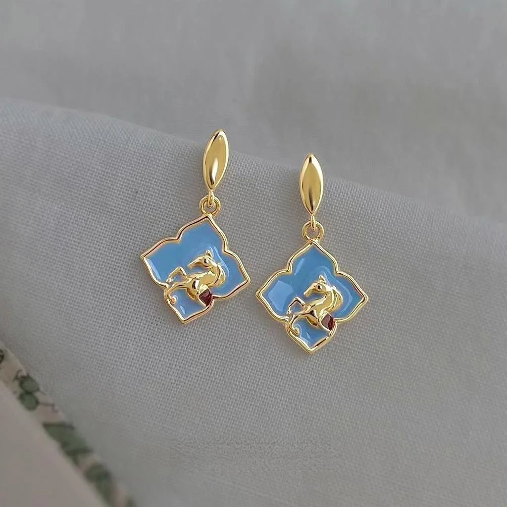 Copper Enamel Geometric Horse Drop Earrings, Vintage Palace Style