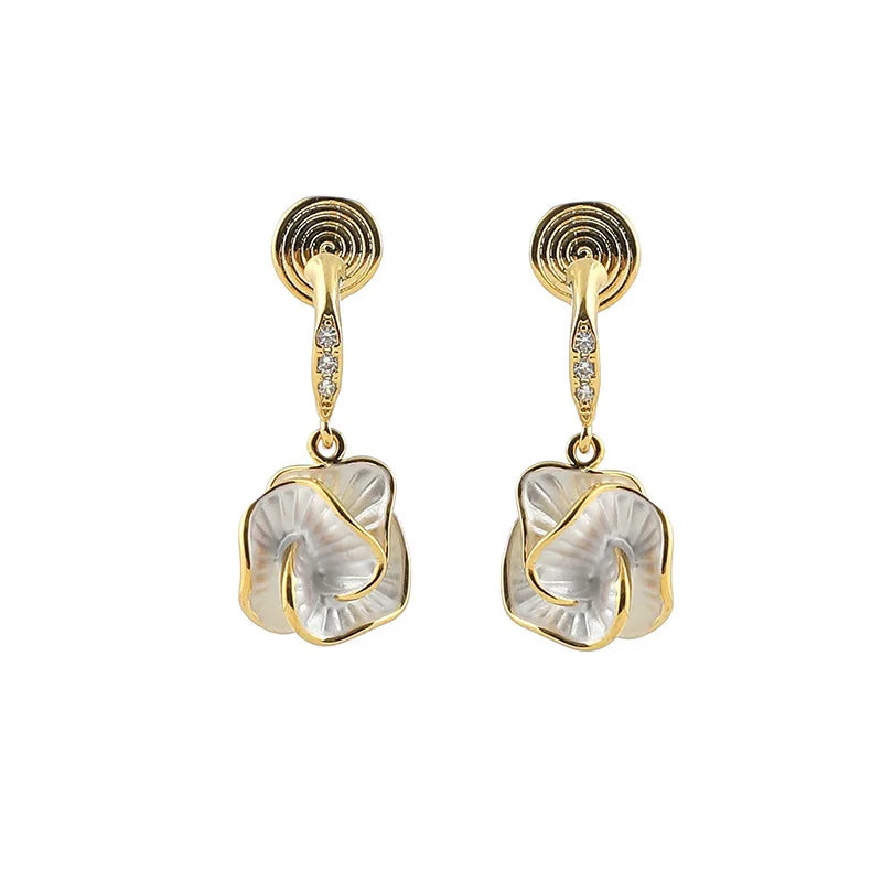 Elegant Camellia Flower Shell Enamel Alloy Rhinestone Drop Stud & Clip On No Piercing Earrings