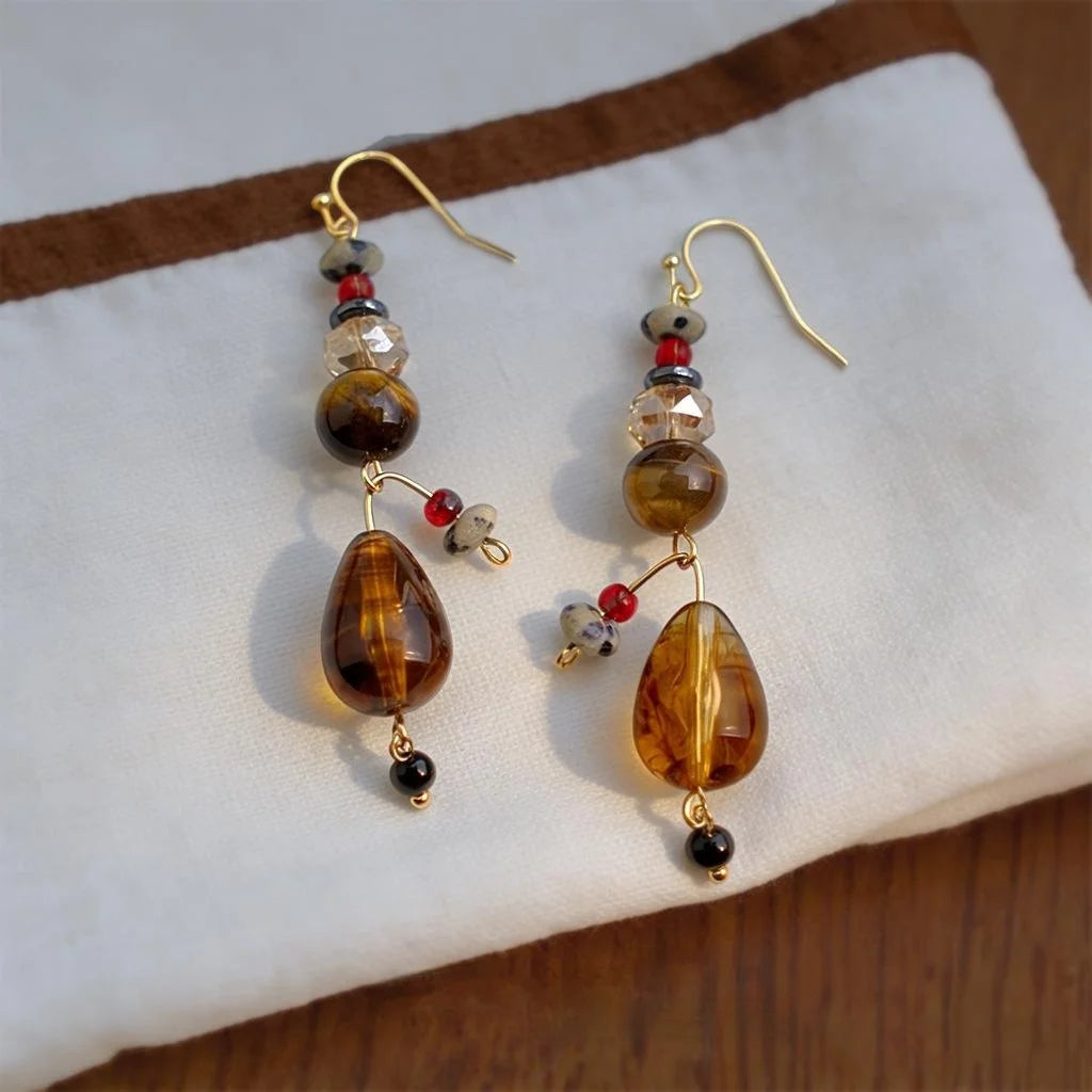 French Vintage Designer Tassel Drop Earrings With Teardrop Crystal Glass Tiger Eye And Onyx