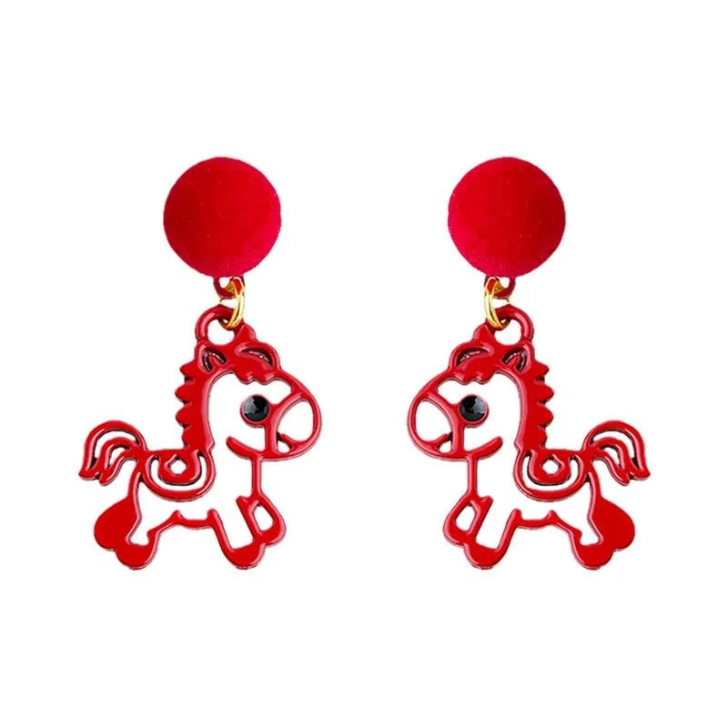 Chinese Style Red Horse Drop Earrings Enamel Flocked Paper Cut Zodiac Jewelry