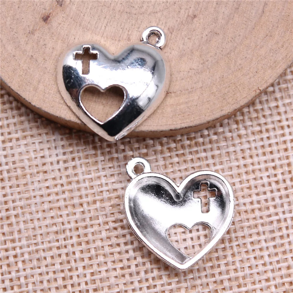 21x19mm 2.1g Antique Silver Zinc Alloy Cross Heart Charm Pendant for DIY Religious Jewelry Making