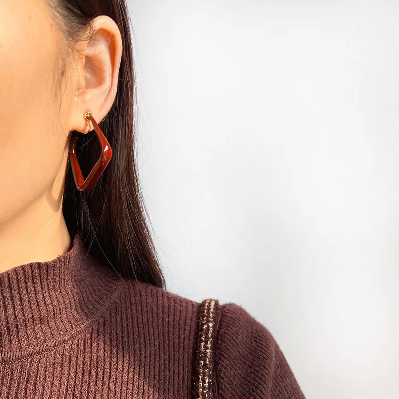 Vintage Burgundy Enamel Alloy Diamond Hoop Stud & Clip On No Piercing Geometric Statement Earrings