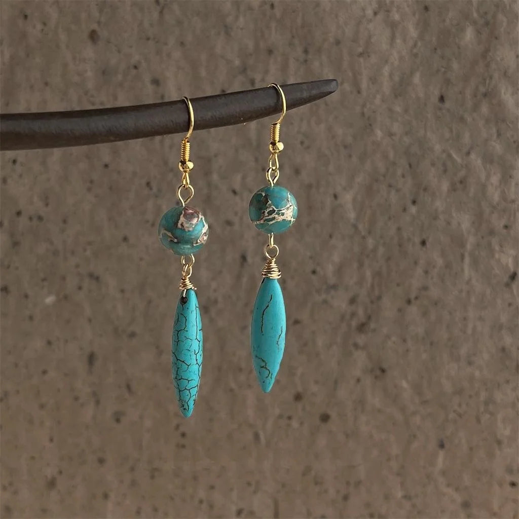 Handmade Vintage Ethnic Synthetic Turquoise Imperial Stone Teardrop Drop Earrings