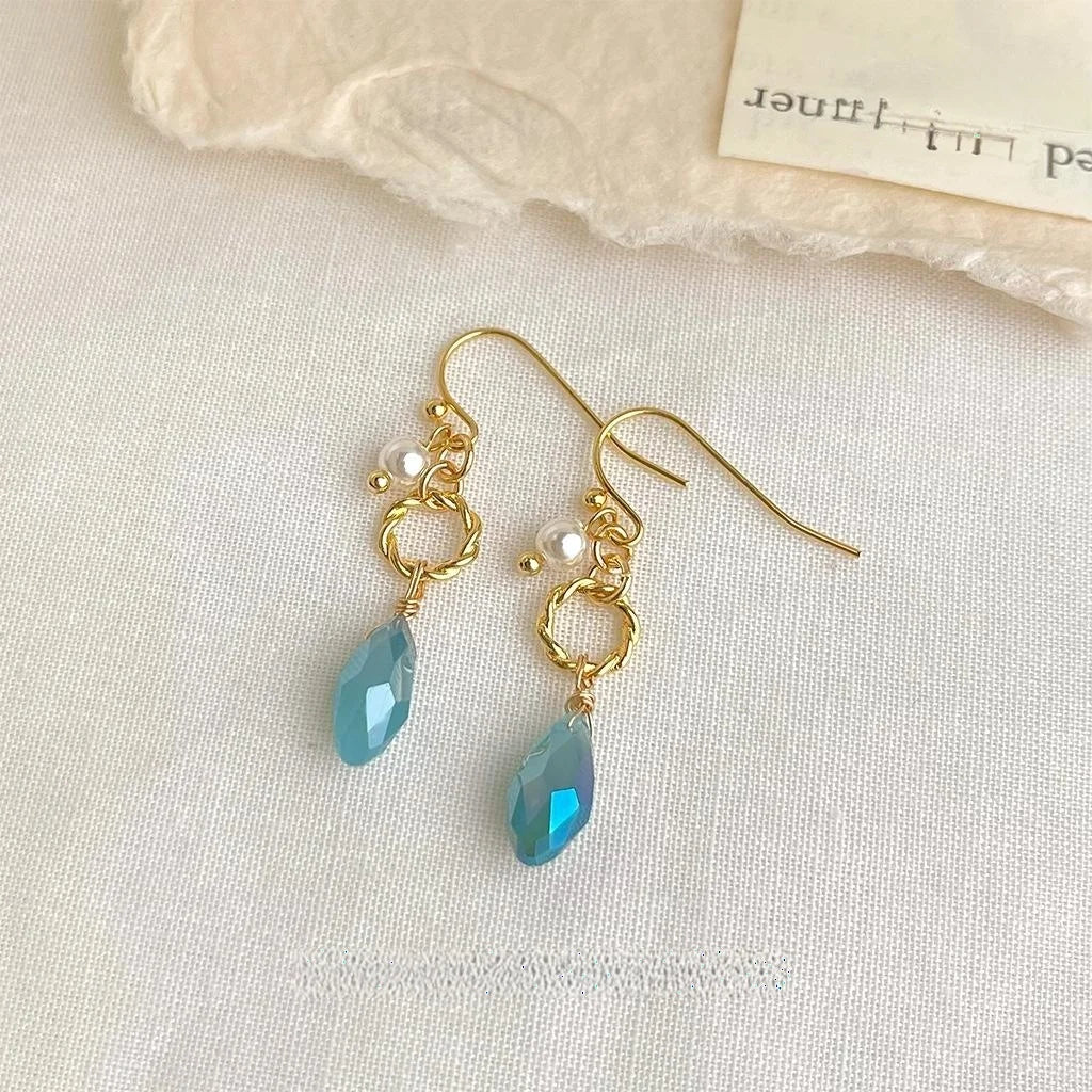 Original Designer Blue Glass Crystal Teardrop Drop Earrings With Pearl Copper Sweet Minimal Jewelry