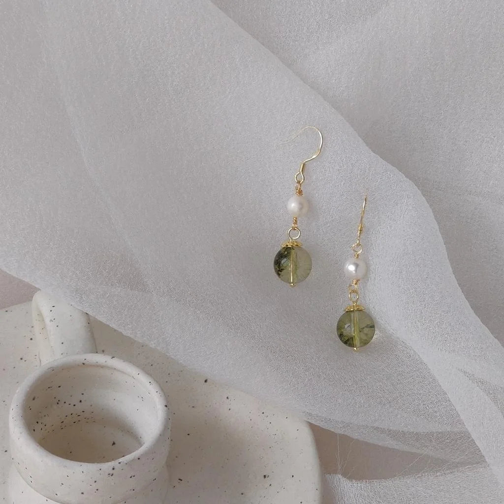 Handmade French Vintage Freshwater Pearl Synthetic Green Phantom Geometric Drop Earrings