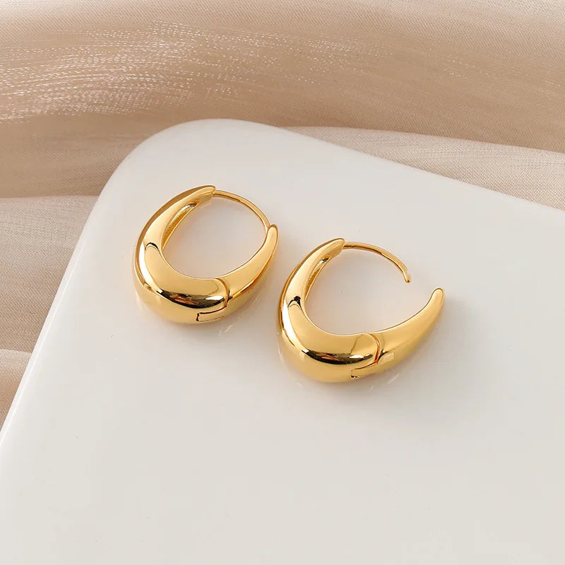Elegant Gold Alloy Teardrop Hoop Huggie Stud & Clip On No Piercing Minimalist Commuter Gift Earrings