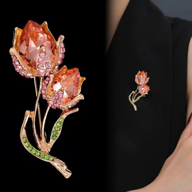 Elegant Tulip Flower Brooch With Glass Crystal Rhinestones, Rose Gold Alloy Lapel Pin Corsage Gift