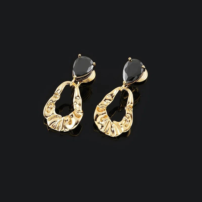 Vintage Wrinkled Gold Alloy Hoop Drop With Black Crystal Stud & Clip On No Piercing Earrings