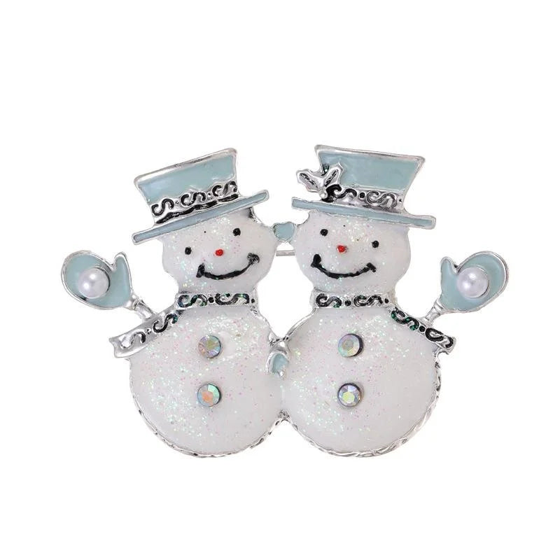 Cute Christmas Double Snowman Enamel Brooch With Rhinestone And Pearl Accents, Festive Lapel Pin Gift