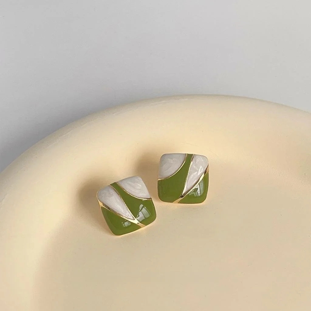 Forest Style Green Geometric Square Copper Stud Earrings French Minimalist Commuter Jewelry