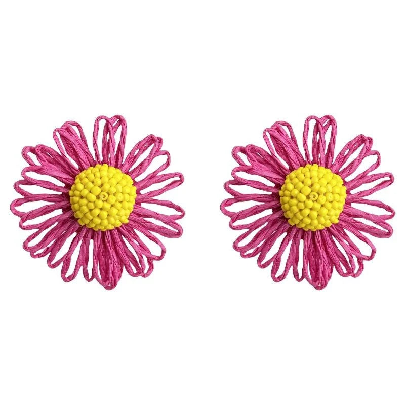Sweet Colorful Handmade Woven Paper Flower Daisy Seed Bead Drop Earrings for Women