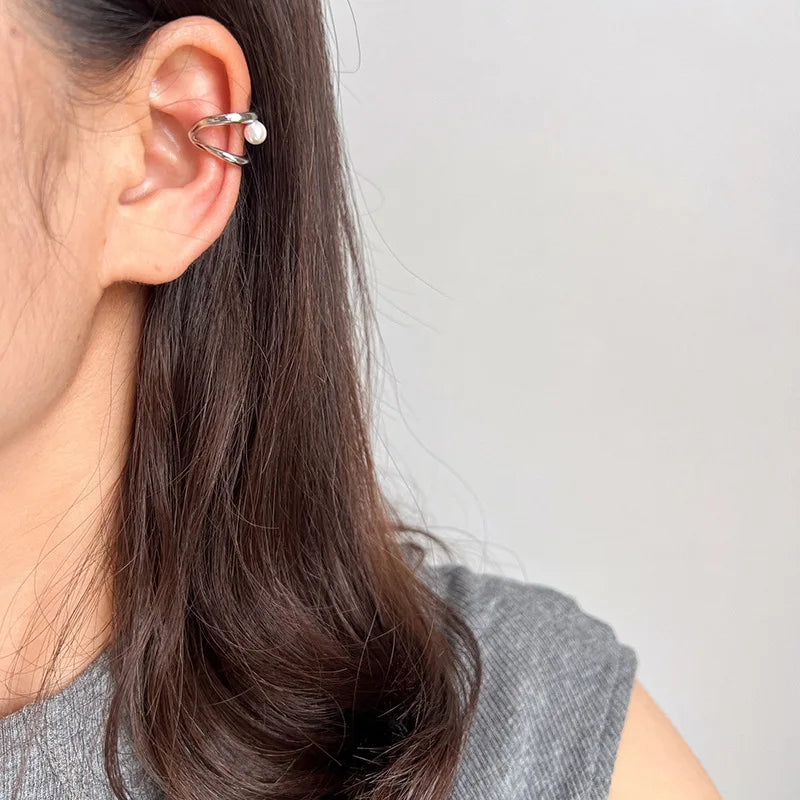 Elegant Minimalist Pearl Double Hoop Ear Cuff Alloy Metal Line Stud & Clip On No Piercing Earrings