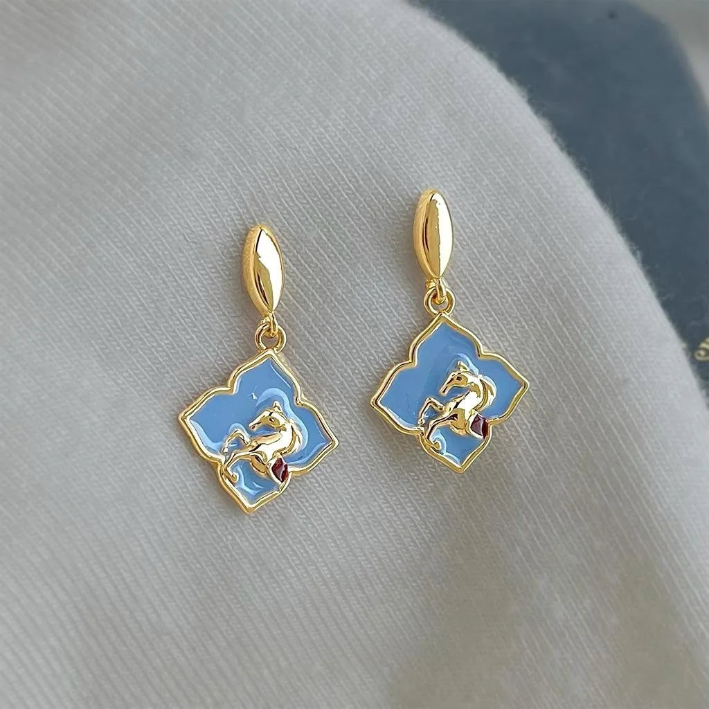 Copper Enamel Geometric Horse Drop Earrings, Vintage Palace Style
