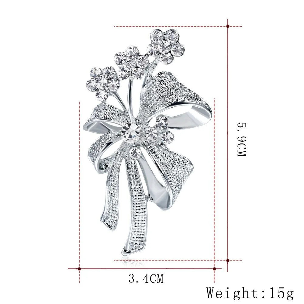 Elegant Silver Alloy Hollow Bow Brooch With Rhinestone Flowers, Women's Lapel Pin Corsage Gift