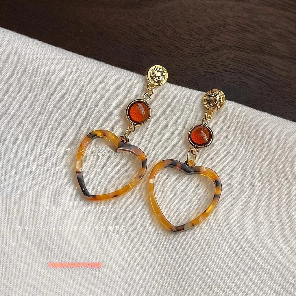 Original Design Leopard Print Hollow Heart Drop Earrings Copper Handmade Maillard Style