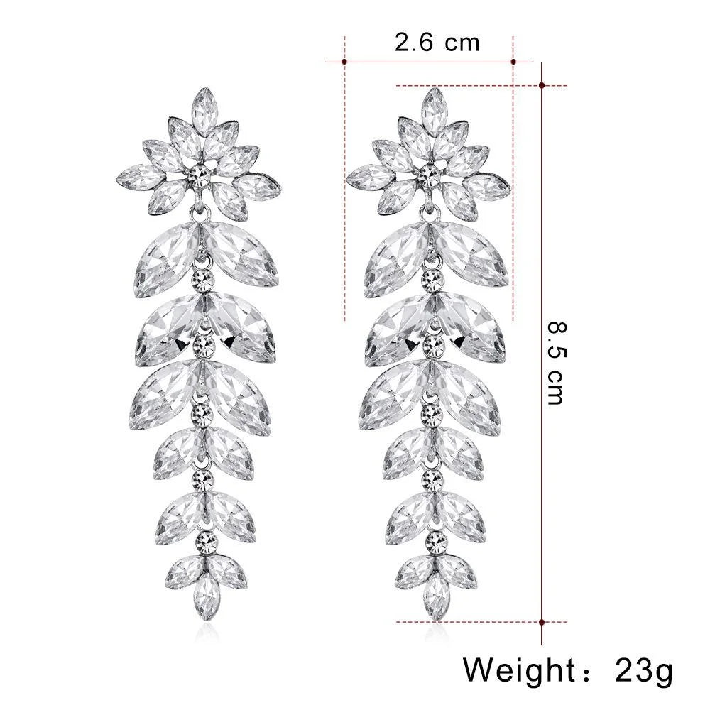 Elegant Long Tassel Crystal Leaf Flower Alloy Rhinestone Earrings For Bridal Wedding Party Banquet